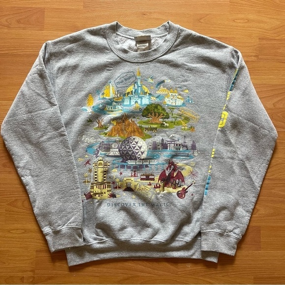 DISNEY PARKS Gray Sweatshirt Walt Disney World Discover The Magic Retro Crewneck - Picture 1 of 6